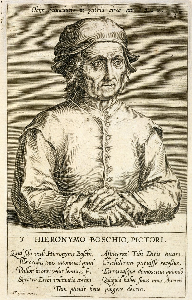 Portret Hieronima Boscha (ok.1450-1516) płyta 3 z serii portretów artystów, rytowany przez Theodora Galle (1571-1633) autorstwa Dutch School