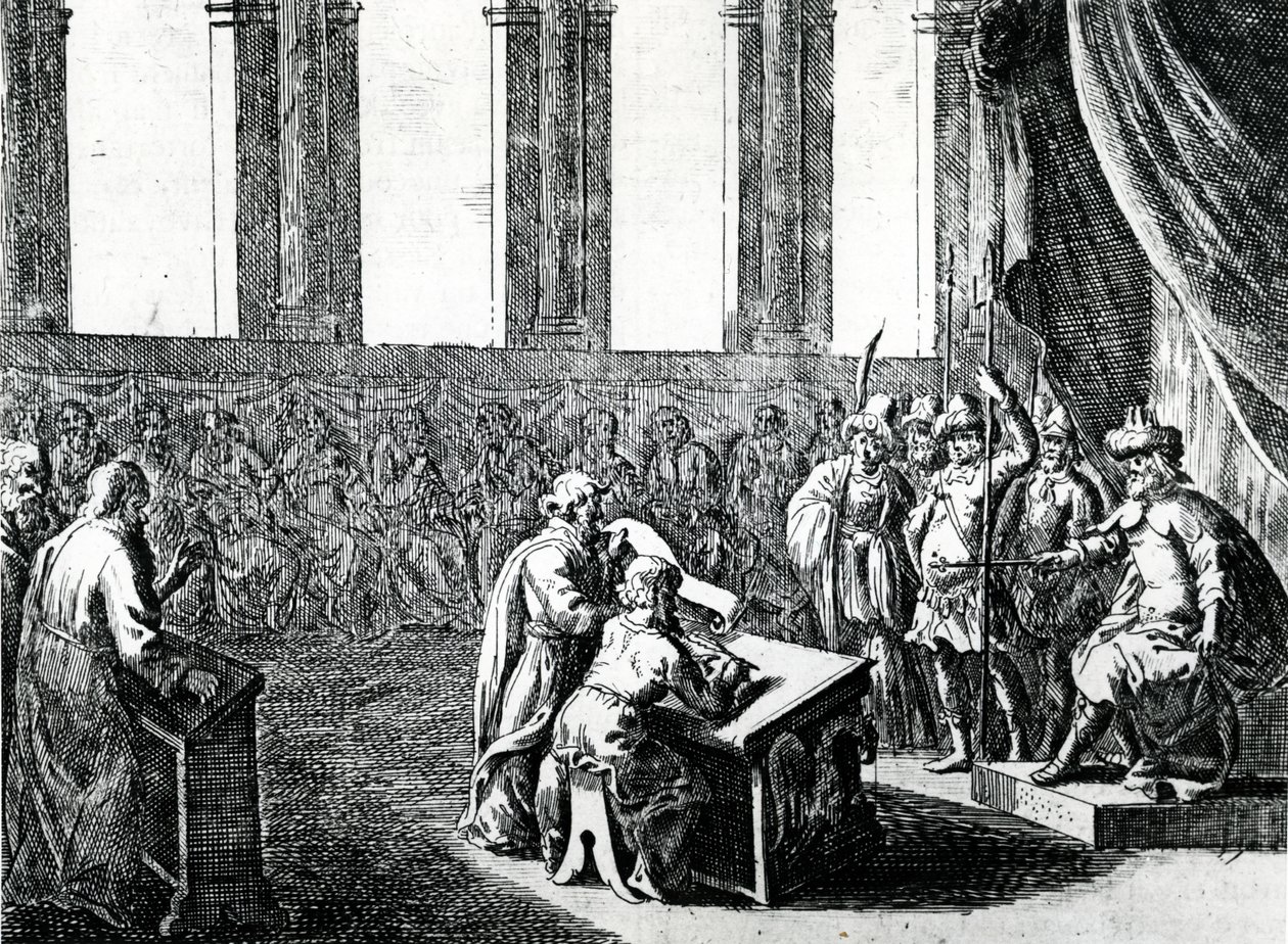 Ptolemeusz Filadelfus, król Egiptu, wzywa 72 mężczyzn z Judei, aby przetłumaczyli prawo żydowskie na język grecki, ok. 1700 r. autorstwa Dutch School