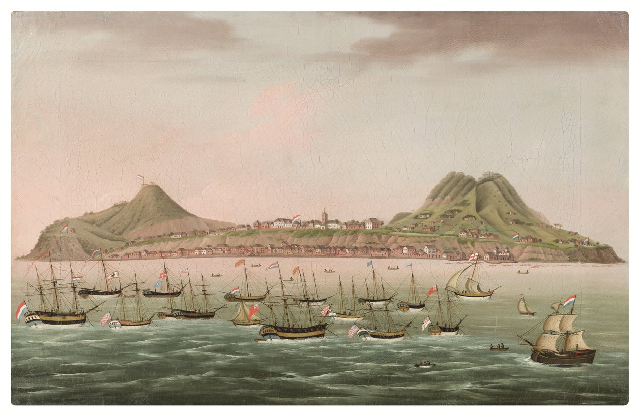 Sint Eustatius na Antylach Holenderskich, z mieszkańcami Indii Zachodnich zgromadzonymi na drodze niedaleko Oranjestad (olej na płótnie) autorstwa Dutch School