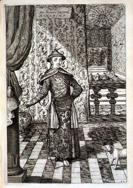Cesarz Chin i Najwyższy Władca Tatarów, z „Chiny Ilustrowane” Athanasius Kircher (1601-80) 1667 (rycina) autorstwa Dutch School
