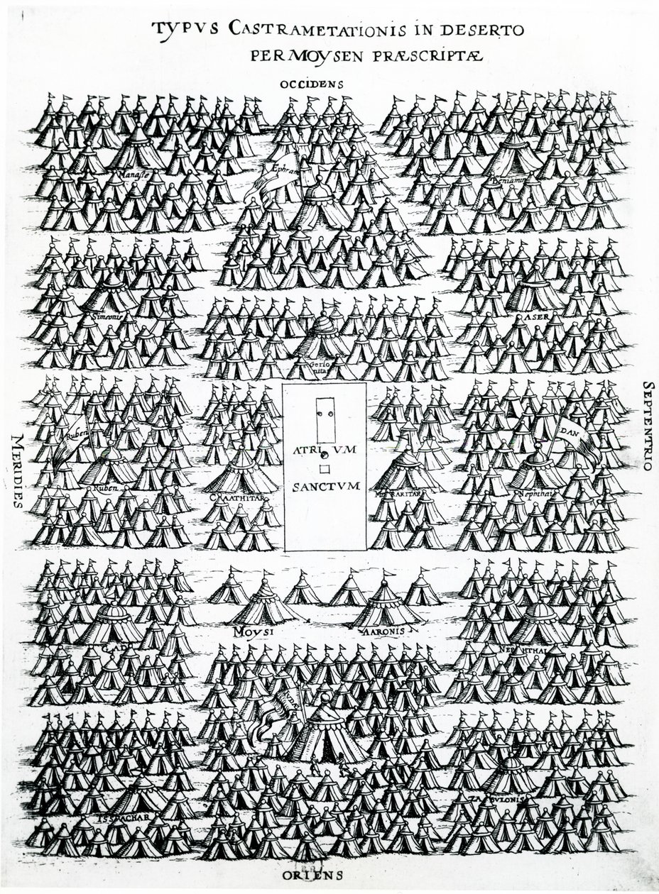 Obozowisko Izraelitów na pustyni z namiotami Mojżesza i Aarona, pośrodku Sacred Hearth (Atrium Sanctum), opublikowane w Holandii, ok. 1625 (rycina autorstwa Dutch School