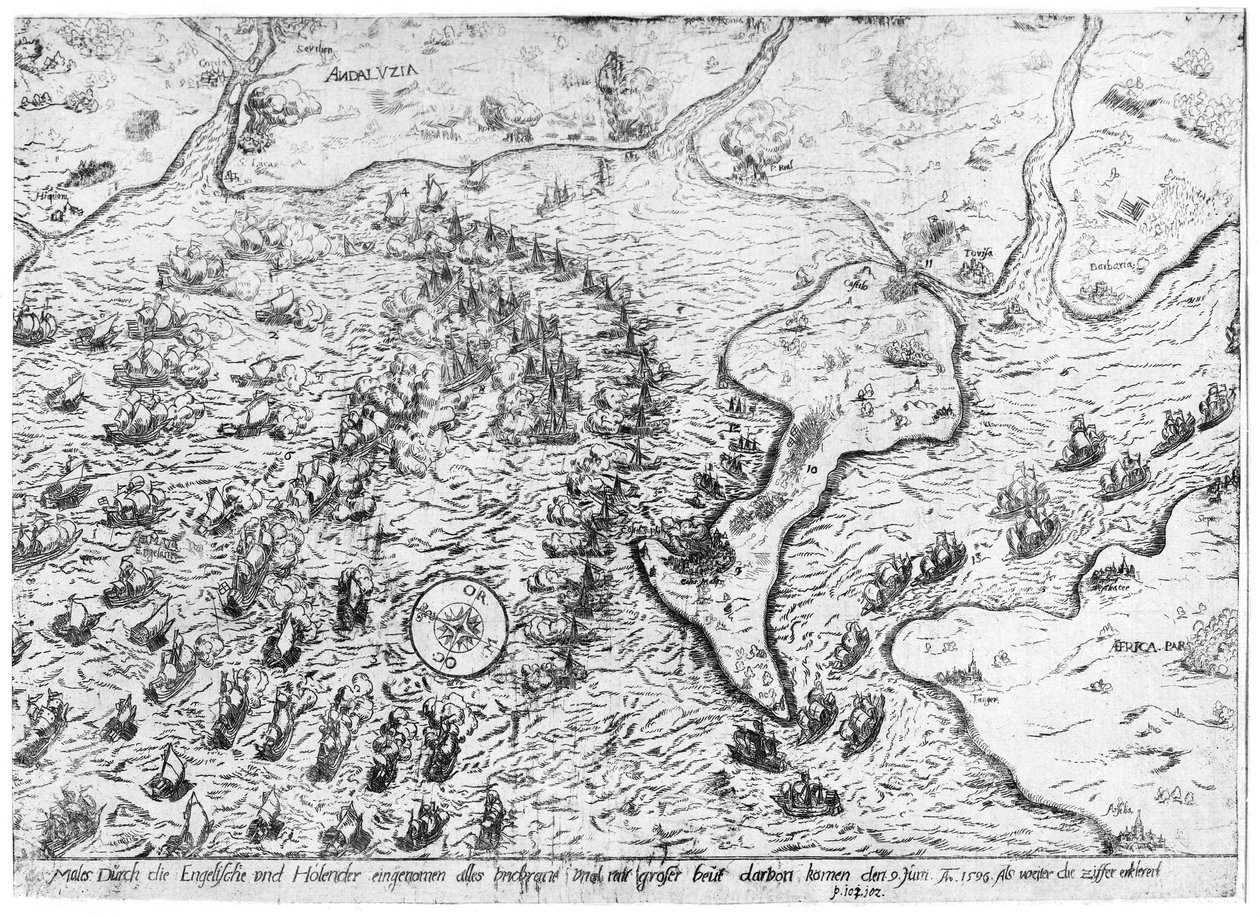 Siły angielskie i holenderskie w obliczu floty hiszpańskiej w porcie Kadyks w 1596 r autorstwa Dutch School