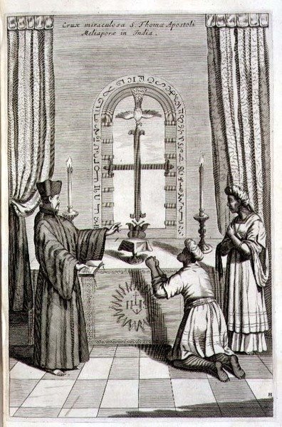 Cudowny Krzyż św. Tomasza Apostoła w Meliapore w Indiach, z „Chiny Ilustrowane” autorstwa Athanasius Kircher (1601-80) 1667 (rycina) autorstwa Dutch School