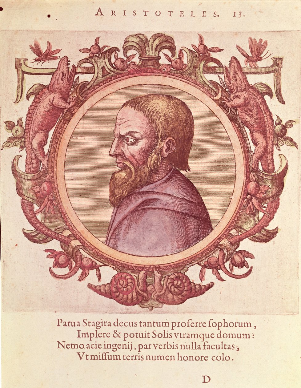 Filozof Arystoteles (384-322 pne), ilustracja ze starożytnej i najnowszej fizyki i ikon filozofów autorstwa Johannesa Sambucusa (1531-1584), opublikowana przez Plantina w Antwerpii 1574 (kolorowe grawerowanie autorstwa Dutch School