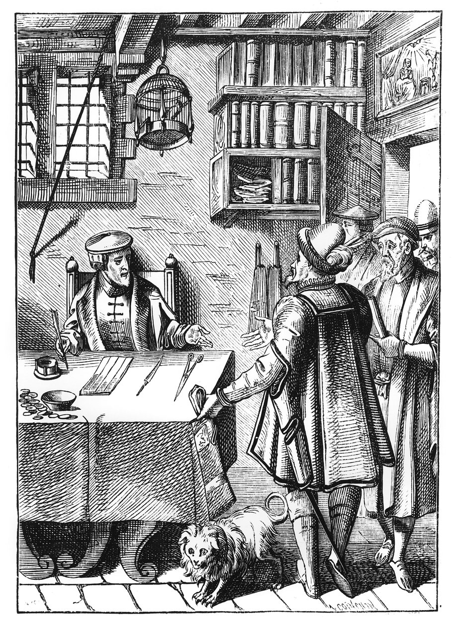 The Receiver of Taxes, według drzeworytu w Praxis Rerum Civilium Joosa de Damhoudera (1507-81) opublikowanego w Antwerpii, 1557 autorstwa Dutch School