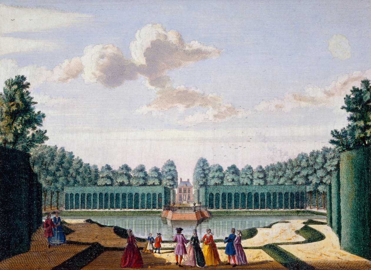 Ścieżka nad stawem w kierunku domu Meerestein, z Het Zeganpralent Kennemerlant autorstwa Hendricka de Letha i Matthiasa Broueriusa Van Nidka, opublikowana ok. 1700-1730 autorstwa Dutch School