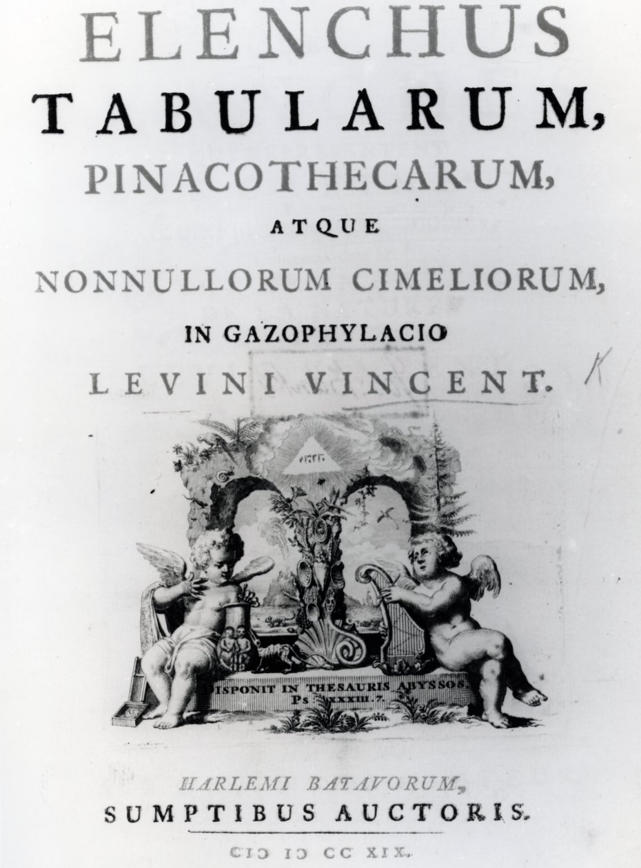 Strona tytułowa spisu tablic autorstwa Levine Vincenta, opublikowana w 1719 r. autorstwa Dutch School