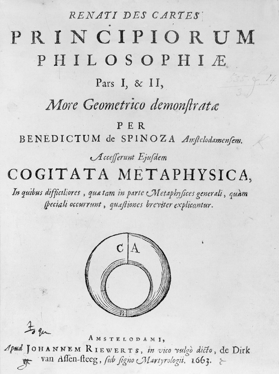 Strona tytułowa do zasad filozoficznych René Kartezjusza autorstwa Barucha Spinozy, opublikowanych w 1663 r. autorstwa Dutch School
