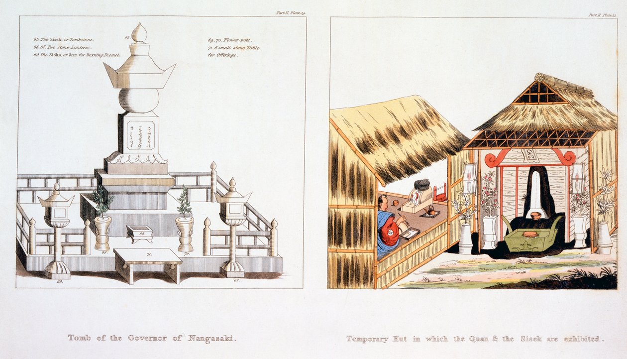 Grób gubernatora Nagasaki i inne przedmioty pogrzebowe z Illustrations of Japan Issac Titsingh, opublikowanej w Londynie 1822 autorstwa Dutch School