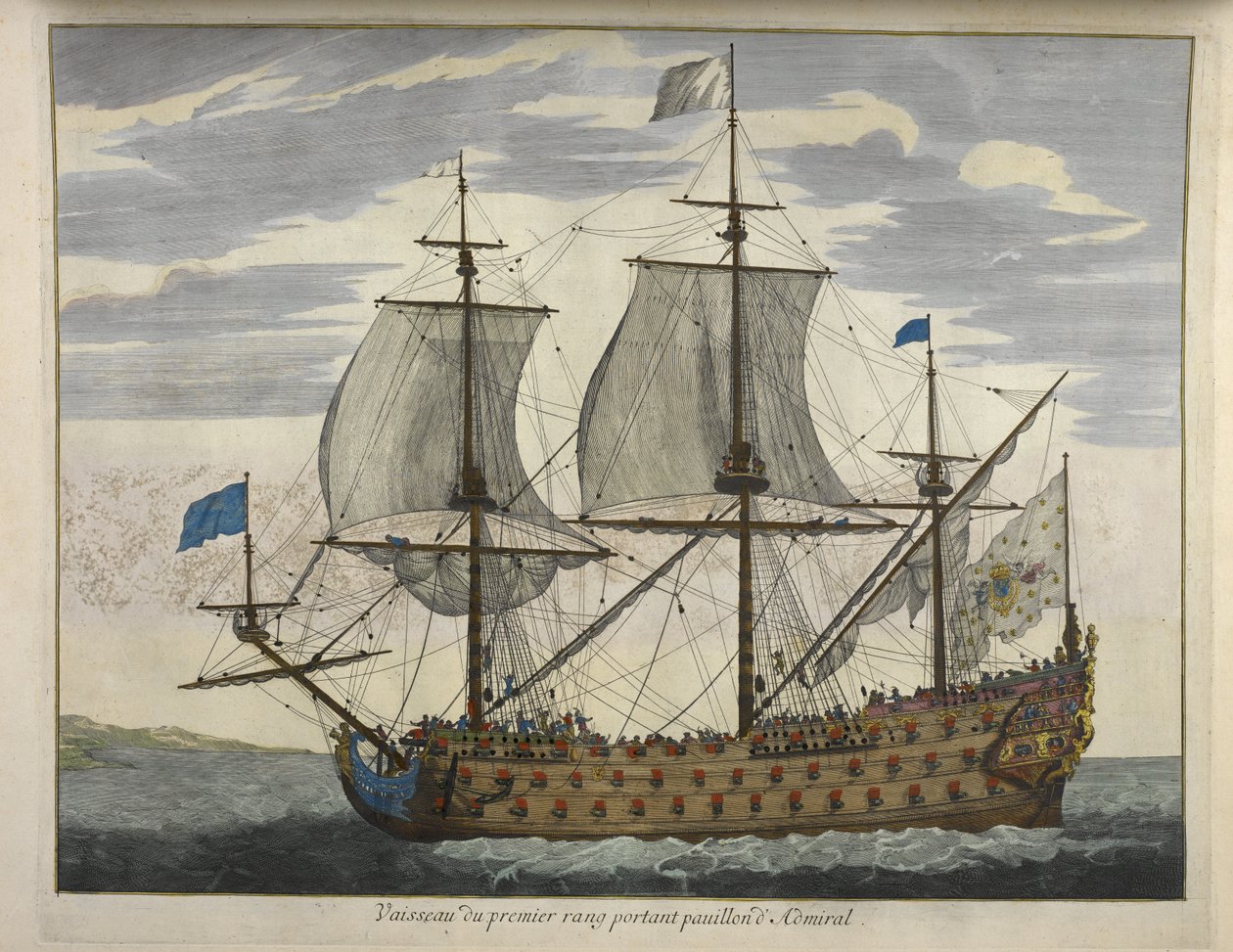 Statek I stopnia noszący Admirała Pauillona, ​​z „De Fransche Neptunus and Atlas Maritime and Suite du Neptune François”, autorstwa Charlesa Pene i Pietera Mortiera (kolorowa rycina) autorstwa Dutch School