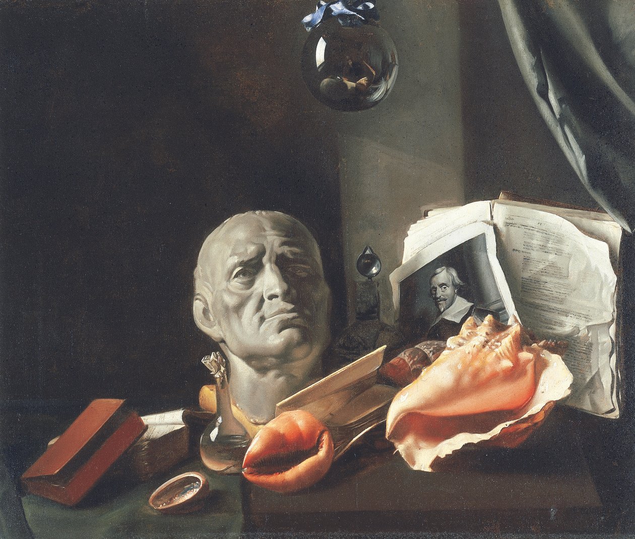 Martwa natura Vanitas z popiersiem, muszelkami, książkami i szklanymi flaszkami (olej na płótnie) autorstwa Dutch School