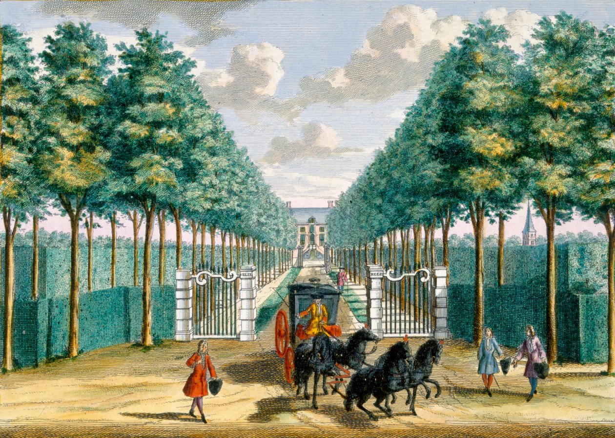 Widok domu Velserbeek od podjazdu i wejścia, z Het Zeganpralent Kennemerlant autorstwa Hendricka de Letha i Matthiasa Broueriusa Van Nidka, opublikowany ok. 1700-1730 autorstwa Dutch School