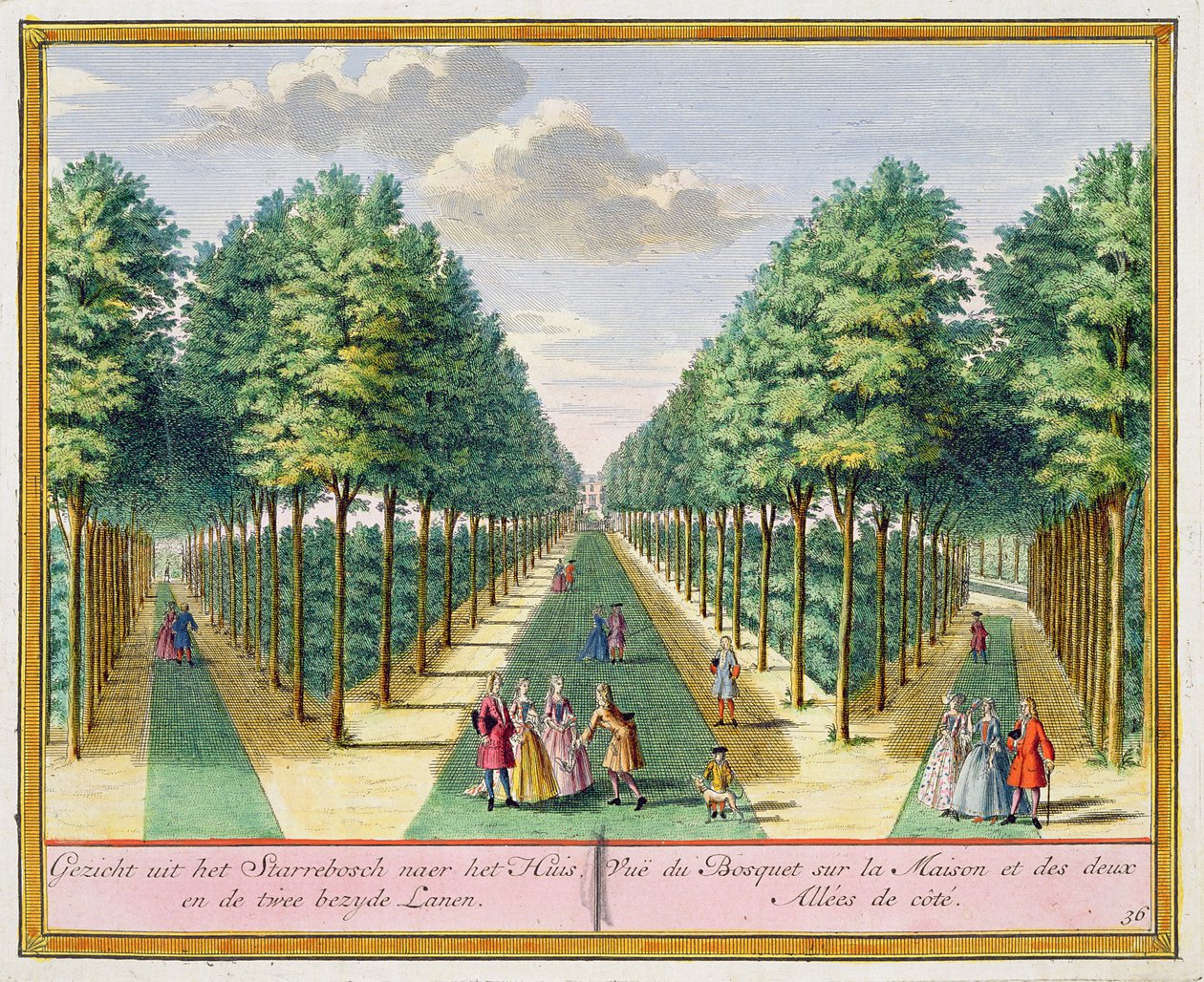 Widok z lasu na dom i dwie boczne aleje, Watervliet, z Het Zegen Pralent Kennemerland, Hendrik de Leth i Matthias Brouerius Van Nidek, opublikowany ok. 1700-1730 autorstwa Dutch School