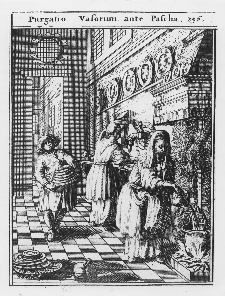 Obmywanie naczyń domowych przed Paschą (Purgatio Vasorum ante Pascha), ilustracja z "Philologus Hebraeo-Mixtus" Johannesa Leusdena, wyd. Utrecht, 1699 (rycina) autorstwa Dutch School