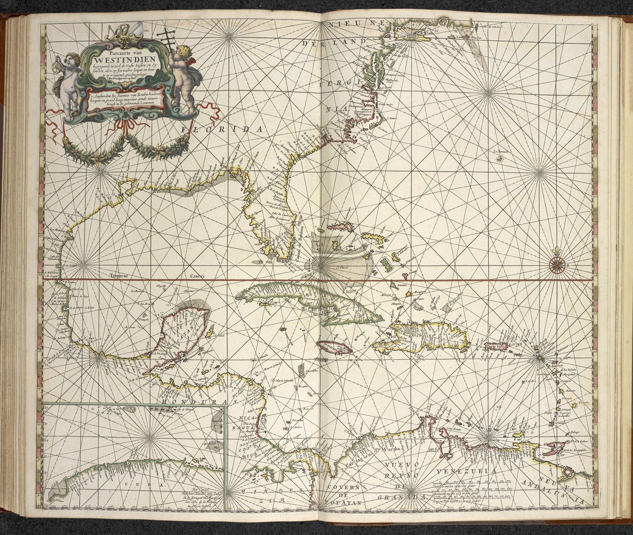 Indie Zachodnie, z „The Great New Augmented Sea Atlas or Water World. Pokazuje z westchnieniem wszystkie morskie wybrzeża ziemi...”, Claas Jansz Vooght autorstwa Dutch School