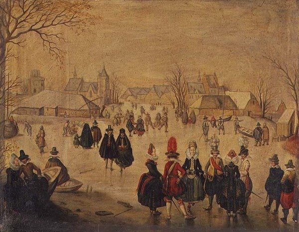 Zimowy krajobraz: Stylowi łyżwiarze na jeziorze autorstwa Dutch School