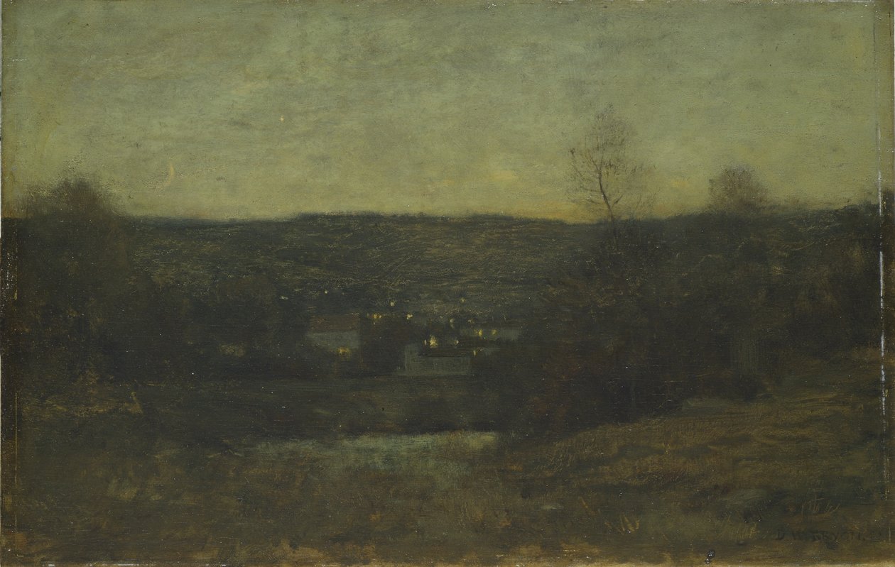 Oświetlona wioska, ok. 1887 (olej na płycie) autorstwa Dwight William Tryon