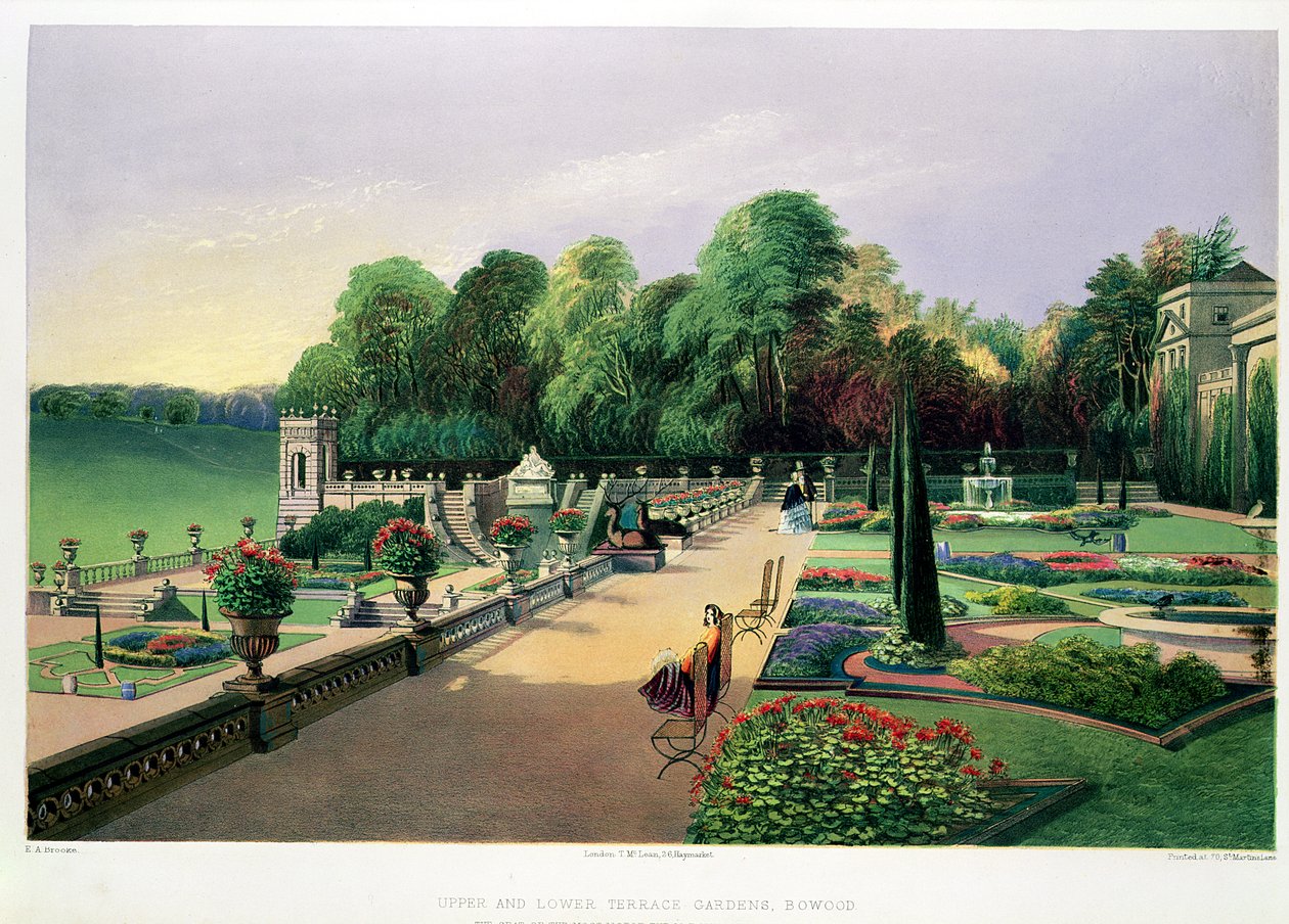 The Upper and Lower Terrace Gardens w Bowood, z „Ogrodów Anglii”, opublikowany 1857 (chromolitho) autorstwa E. Adveno Brooke