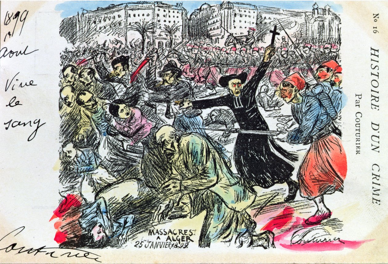 Pocztówka przedstawiająca rzeź Żydów w Algierze, 25 stycznia 1899 r. (litografia kolorowa) autorstwa E. Couturier