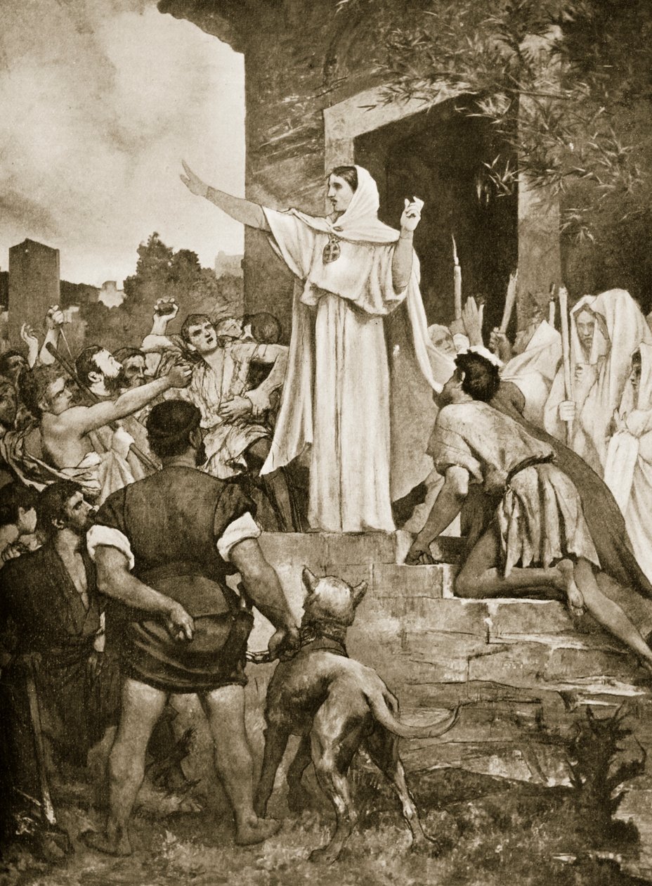 Św. Genevieve uspokaja paryżan podczas zbliżania się Attyli, ilustracja z „Historii narodów Hutchinsona”, 1915 autorstwa E. Fiorillo