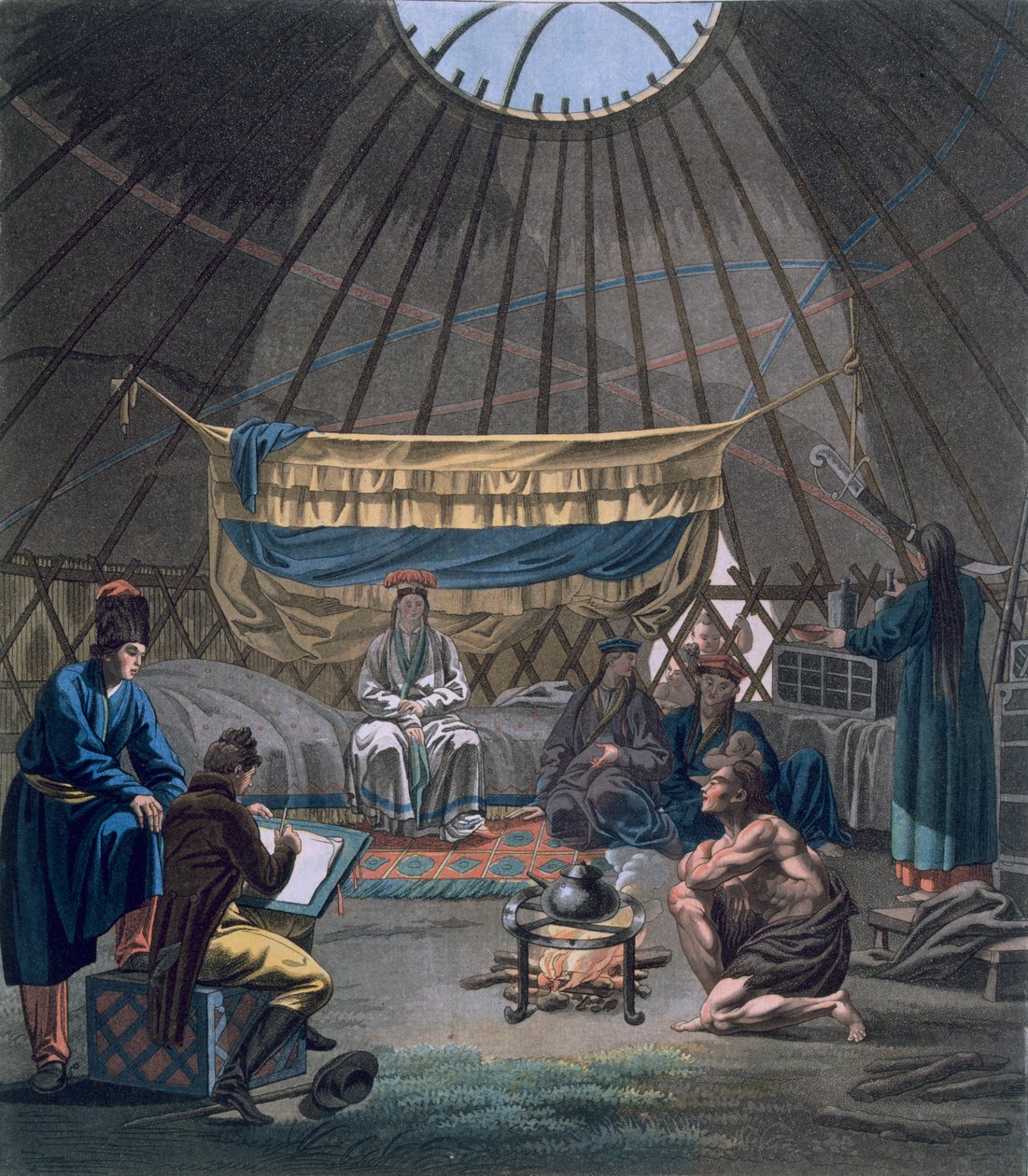 Wnętrze kałmuckiej jurty, 1812-13 autorstwa E. Karnejeff