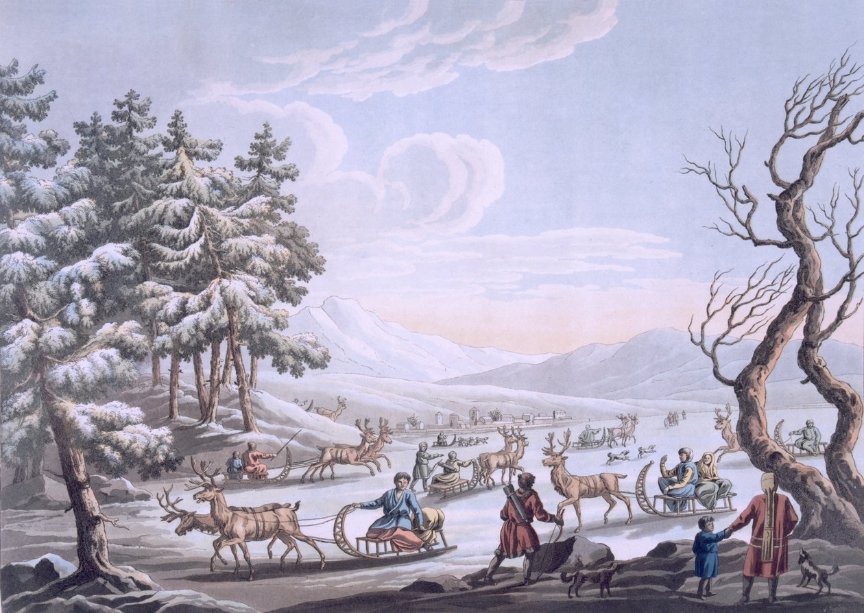 Tubylcy tunguscy opuszczają obóz zimowy, 1812-13 autorstwa E. Karnejeff
