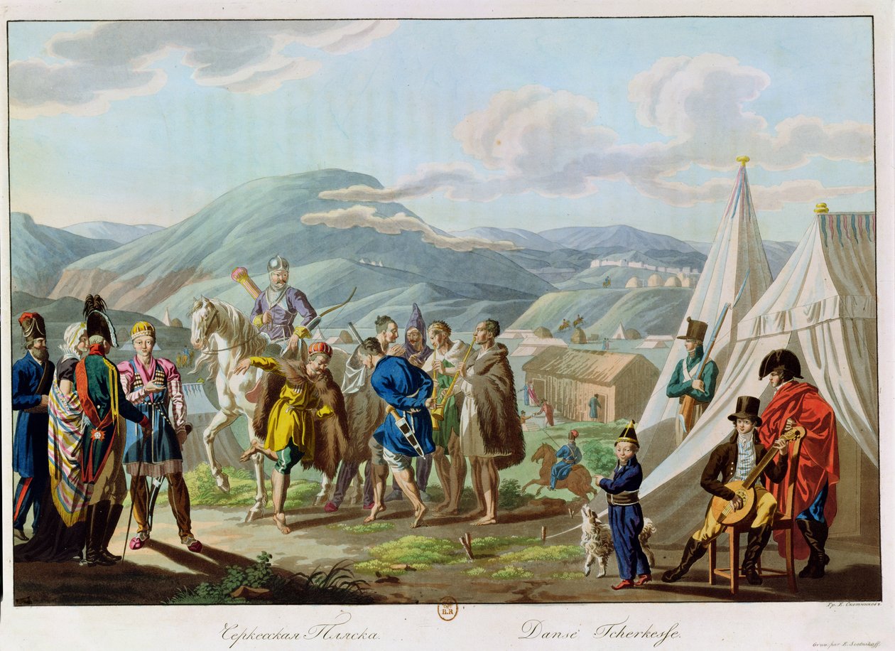 Taniec czerkieski, ryty przez Scotnikova, 1813 (akwatinta) autorstwa E. Korneyev