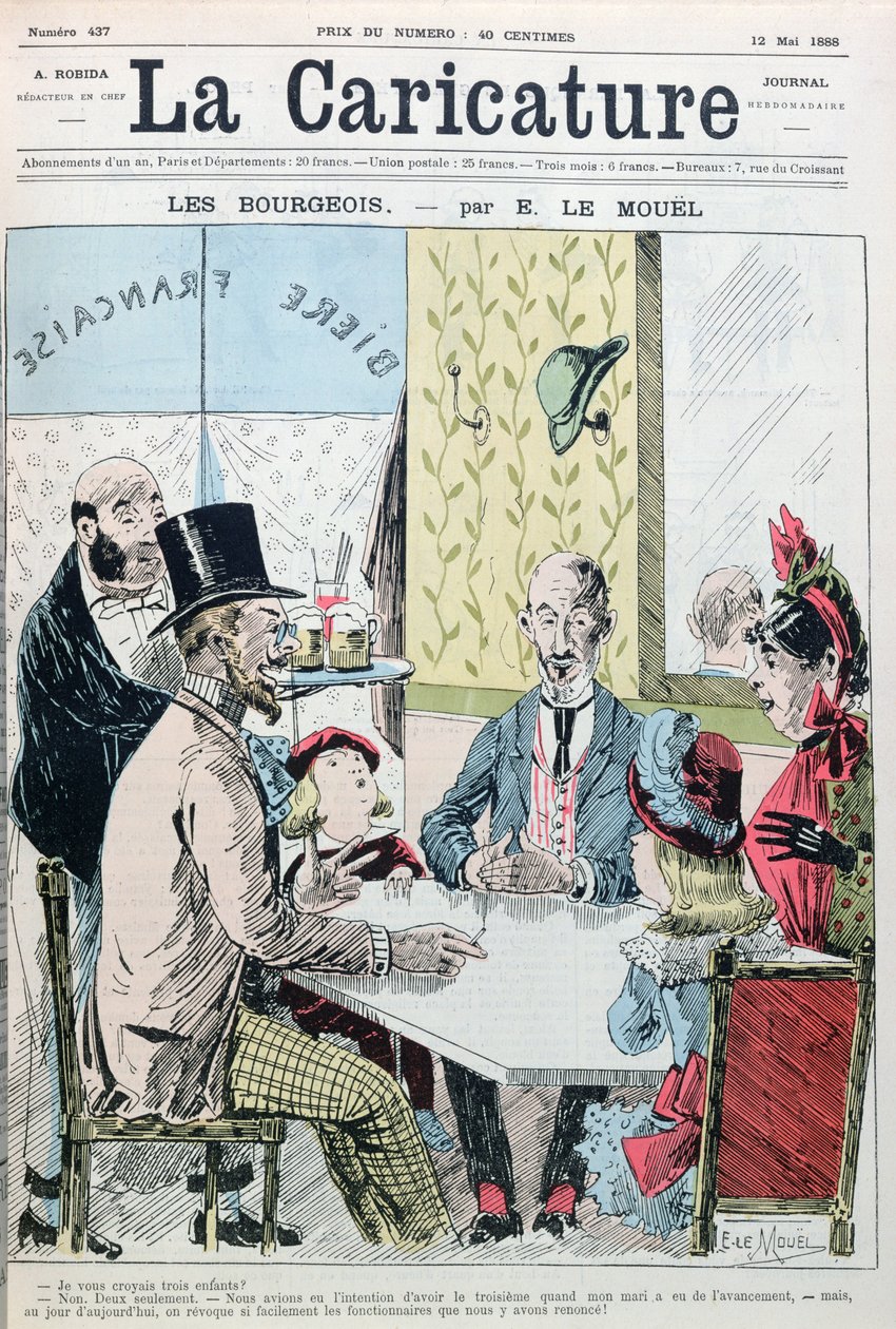 Para burżuazyjna wyjaśniająca, że ze względów ekonomicznych mieli tylko dwoje dzieci, z La Caricature, 12.05.1888 autorstwa E. Le Mouel