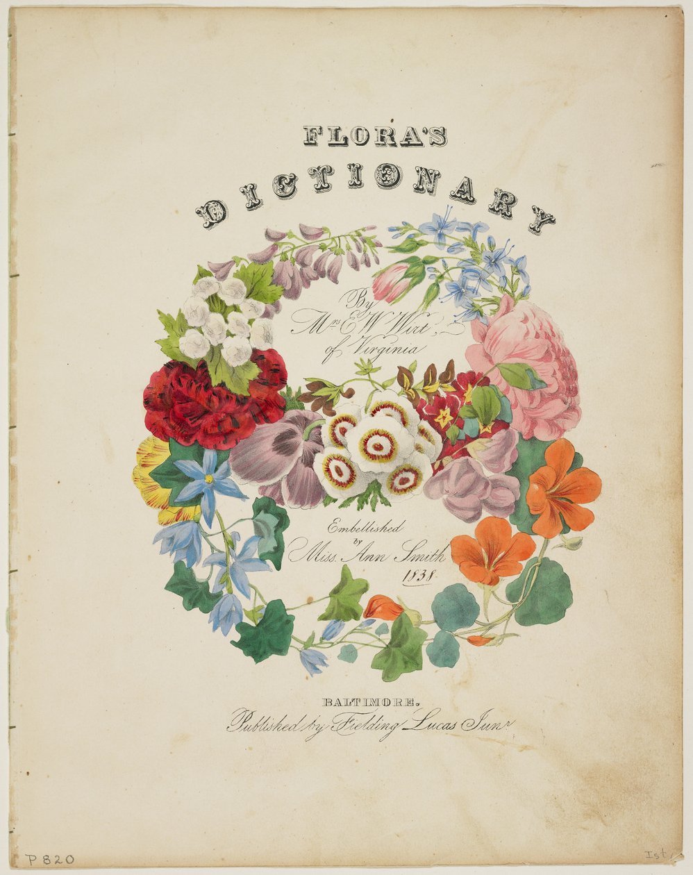 Frontyspis i strona tytułowa, wieniec kwiatów, ze słownika Flory, 1838 r autorstwa E. W. Wirt