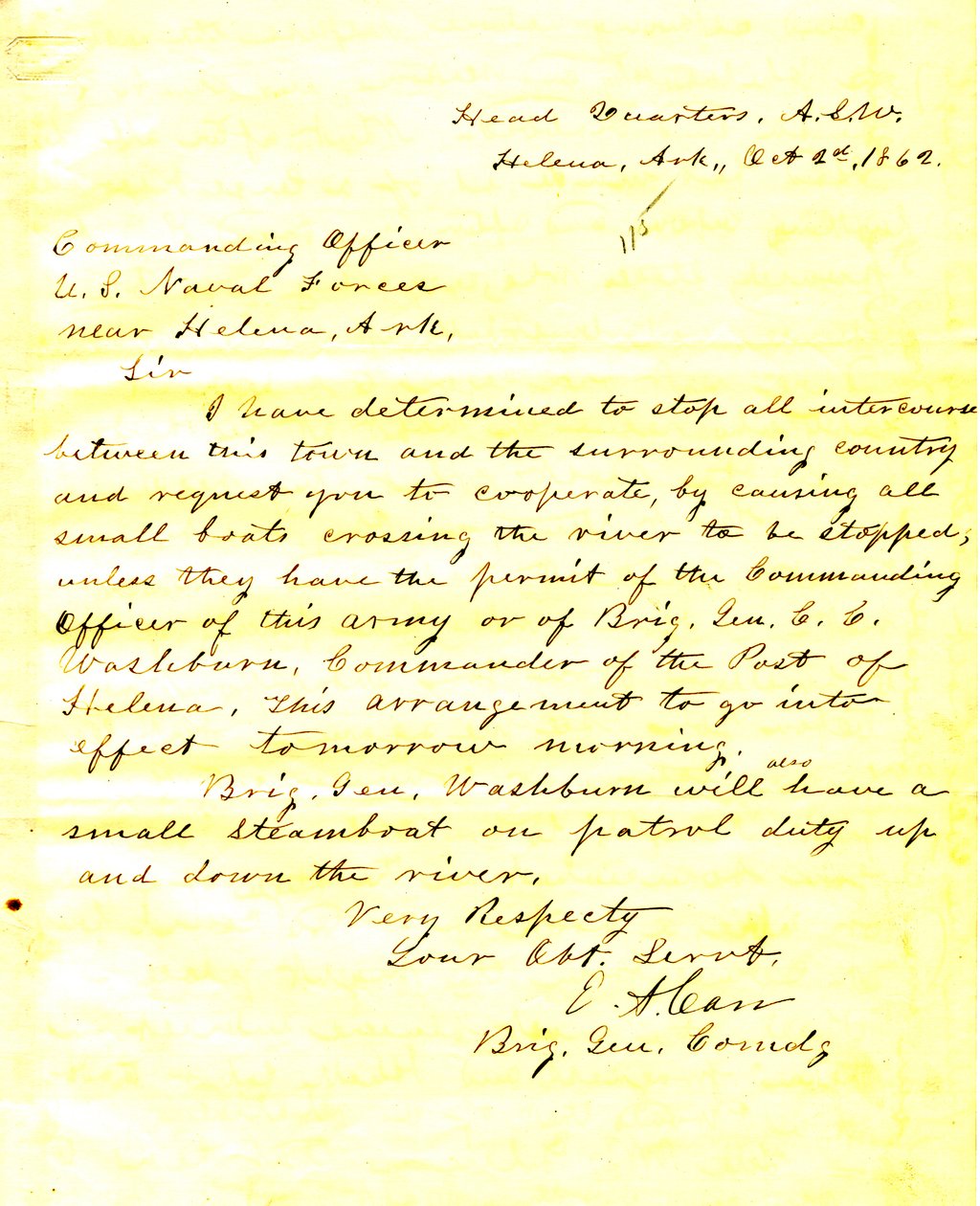 List od EA Carr, Helena, Arkansas, do dowódcy sił marynarki wojennej USA w pobliżu Heleny, Arkansas, 2 października 1862 autorstwa E.A. Carr