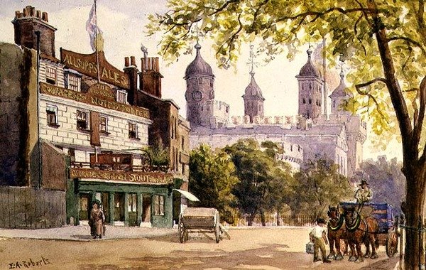 Stary Jerzy i Tower of London (akwarela) autorstwa E.A. Roberts