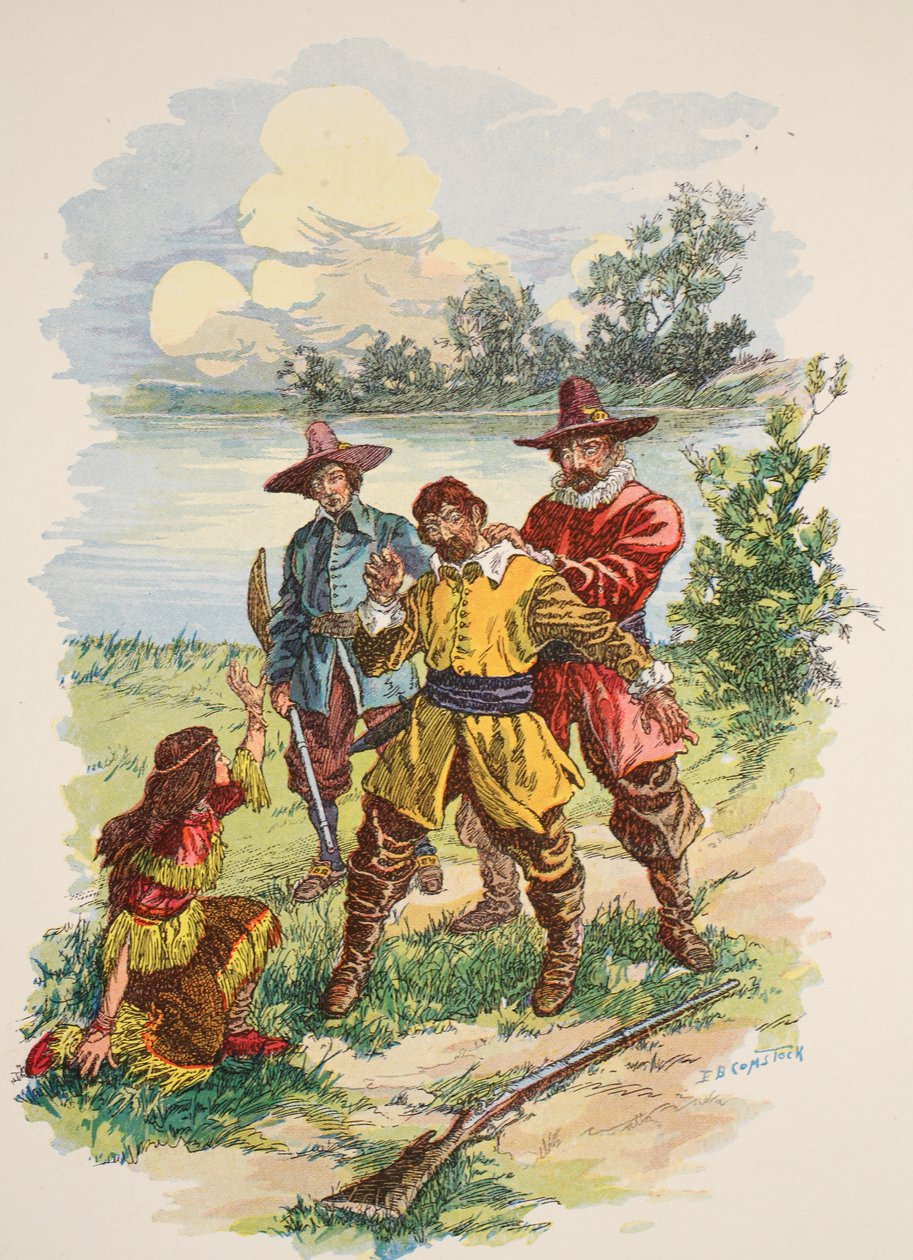 Chwycił go za tył kołnierza, ilustracja z „Pocahontas: Księżniczka lasu” Edwarda S. Ellisa, wyd. Bracia McLoughlin, Nowy Jork, ok. 1912 r. autorstwa E.B. Comstock