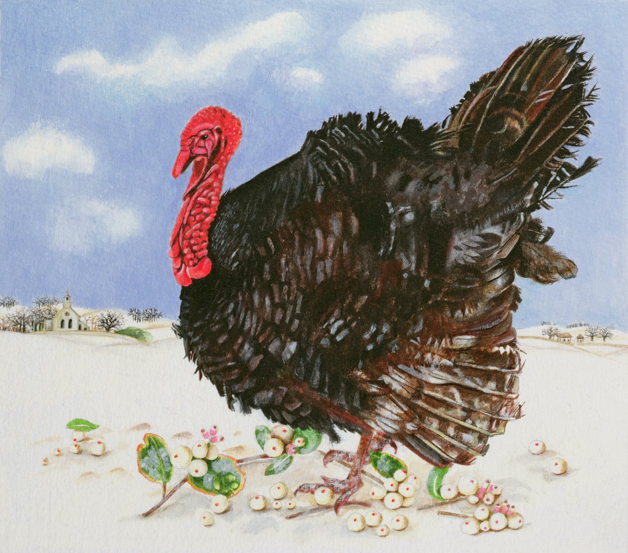 Czarny indyk ze śnieżnymi jagodami, 1996 (akryl na papierze) autorstwa E.B. Watts