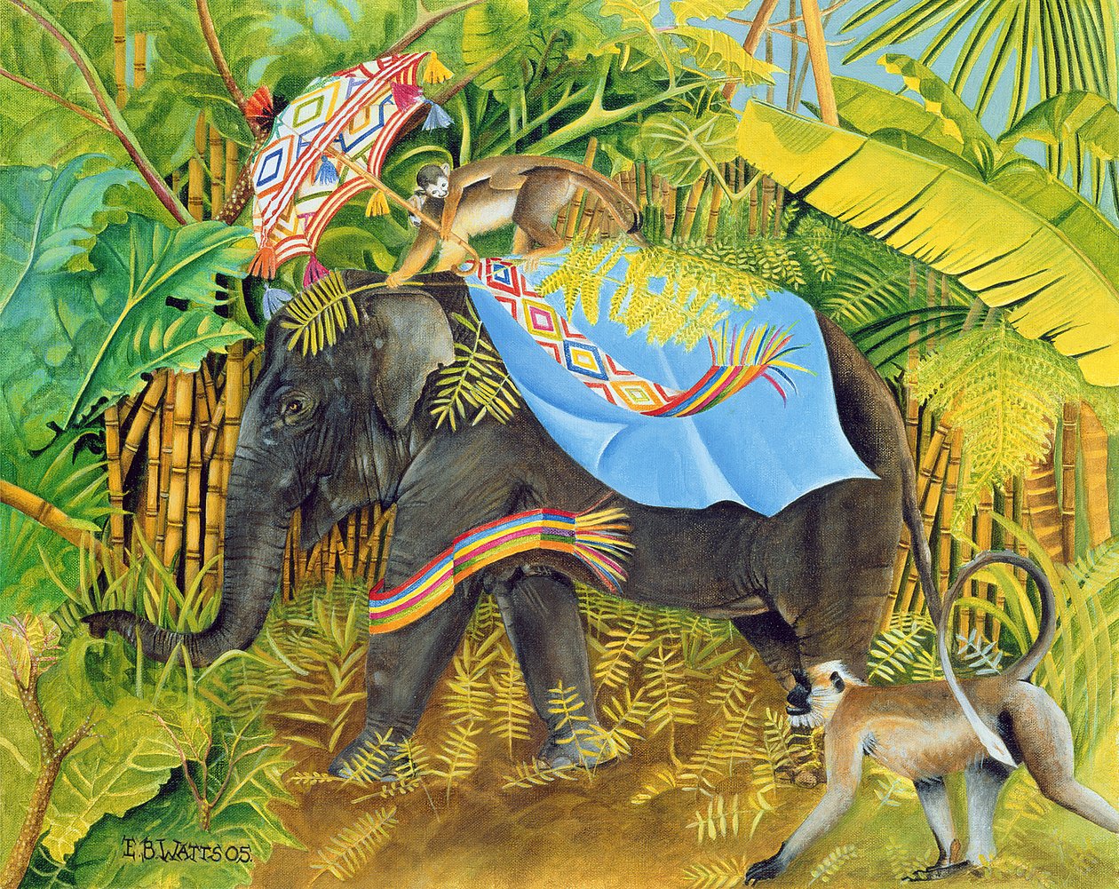 Słoń z małpami i parasolem, 2005 (akryl na płótnie) autorstwa E.B. Watts