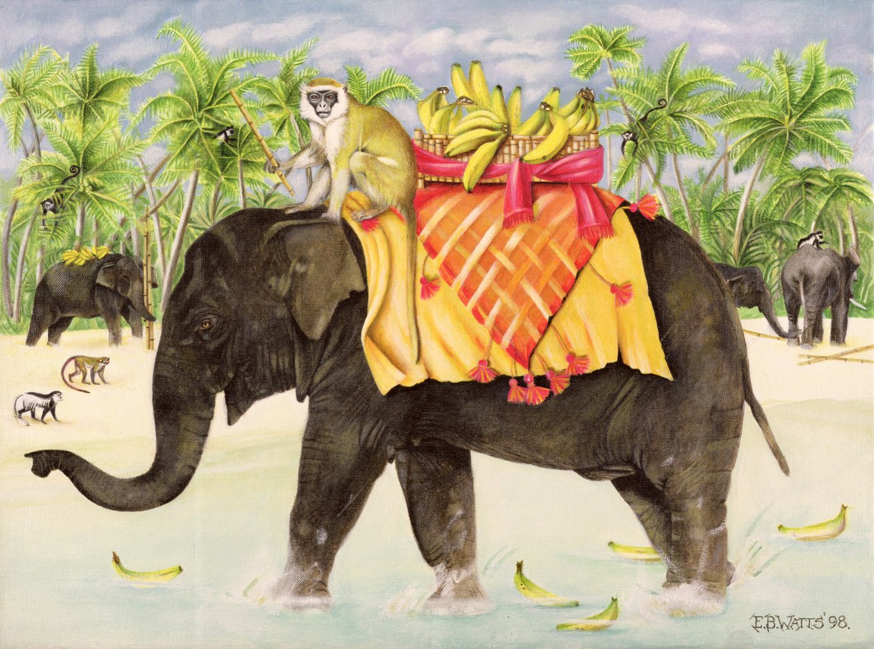Słonie z bananami, 1998 (akryl na płótnie) autorstwa E.B. Watts