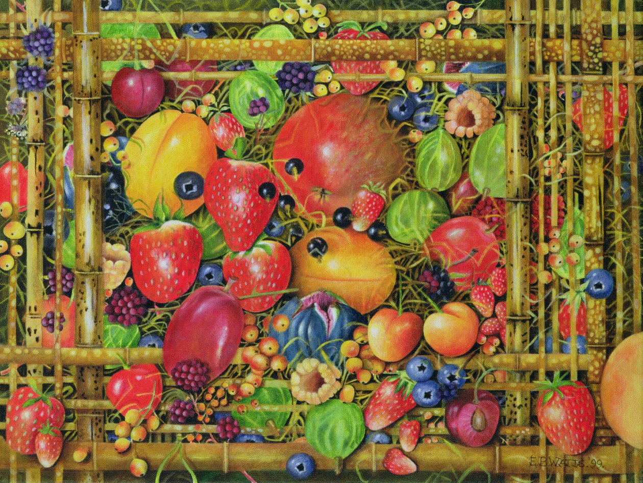 Owoce w bambusowym pudełku, 1999 (akryl na płótnie) autorstwa E.B. Watts