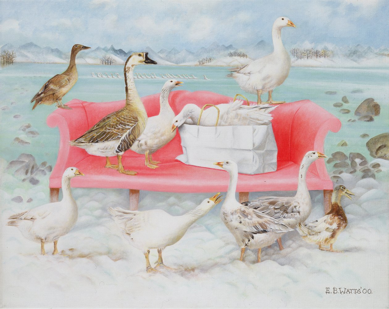 Gęsi na różowej sofie, 2000 (akryl na płótnie) autorstwa E.B. Watts