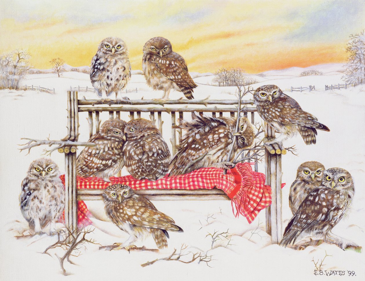 Pójdźki na ławce z gałązek, 1999 (akryl na płótnie) autorstwa E.B. Watts
