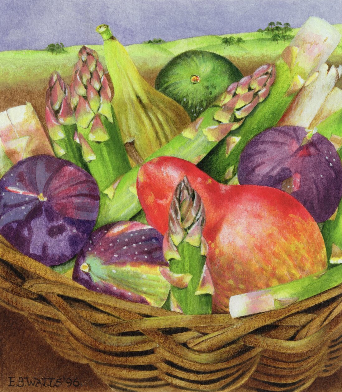 Czerwona gruszka z figami i szparagami, 1996 (akryl na papierze) autorstwa E.B. Watts