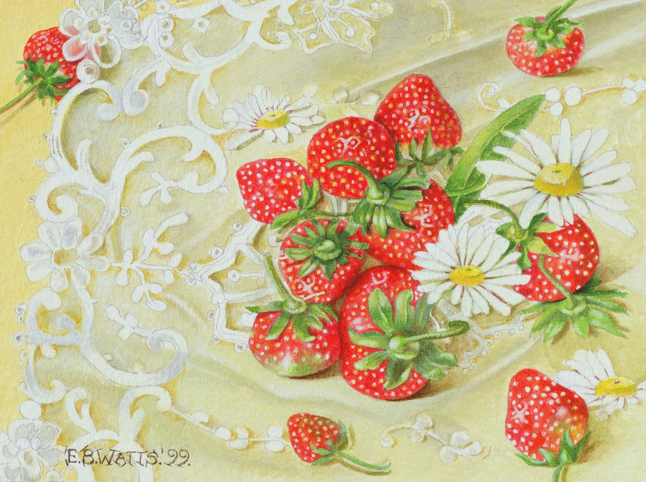 Truskawki na Koronce, 1999 (akryl na papierze) autorstwa E.B. Watts