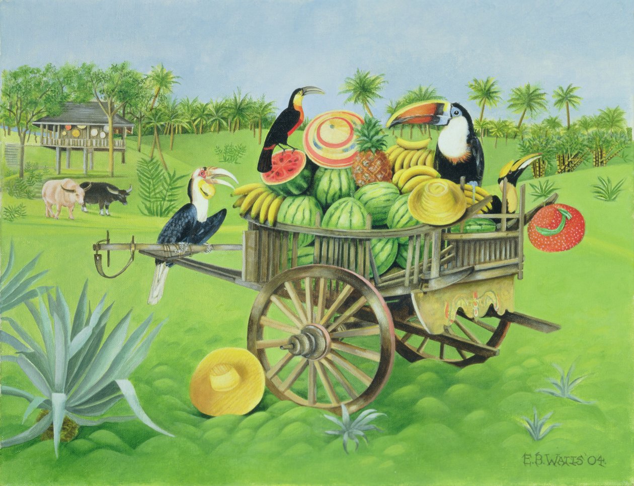 Tukany i Arbuzy w Old Thai Cart, 2004 (olej na płótnie) autorstwa E.B. Watts