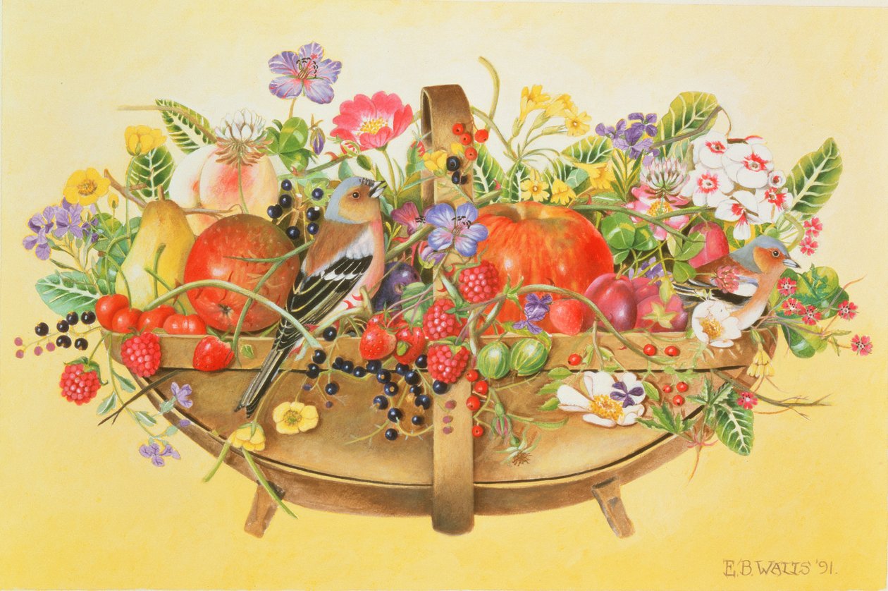 Trug z owocami, kwiatami i ziębami, 1991 (akryl) autorstwa E.B. Watts