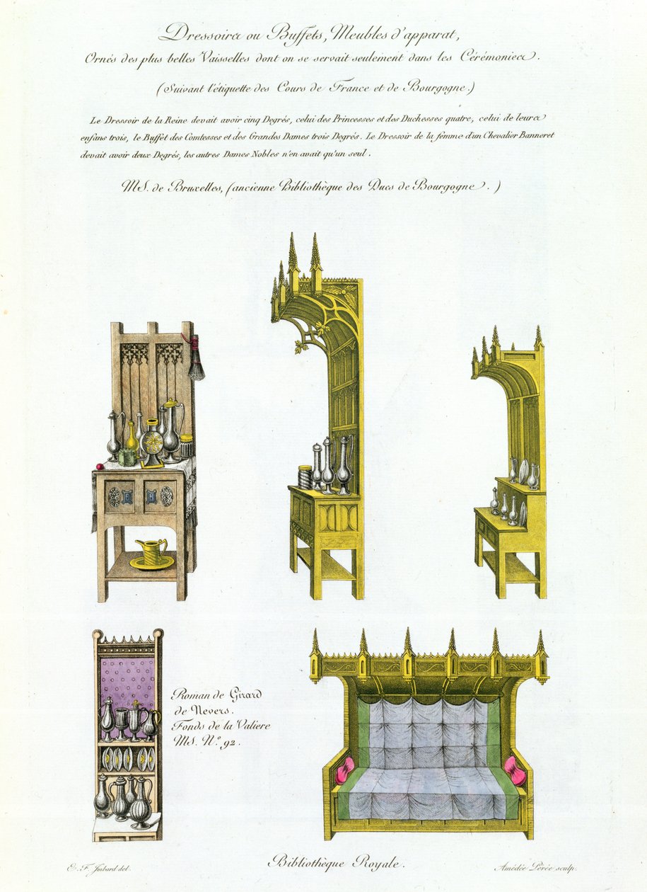 Piętnastowieczne meble francuskie i burgundzkie, z Monuments Francais, litografia Amedee Peree, 1839 r. autorstwa E.F. Imbard