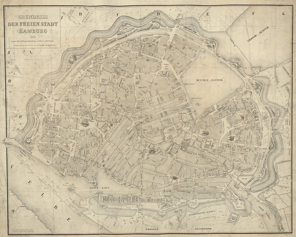 Mapa została opublikowana w (1839) i przedstawia Hamburg autorstwa E.F. m.fl. Bernhardt