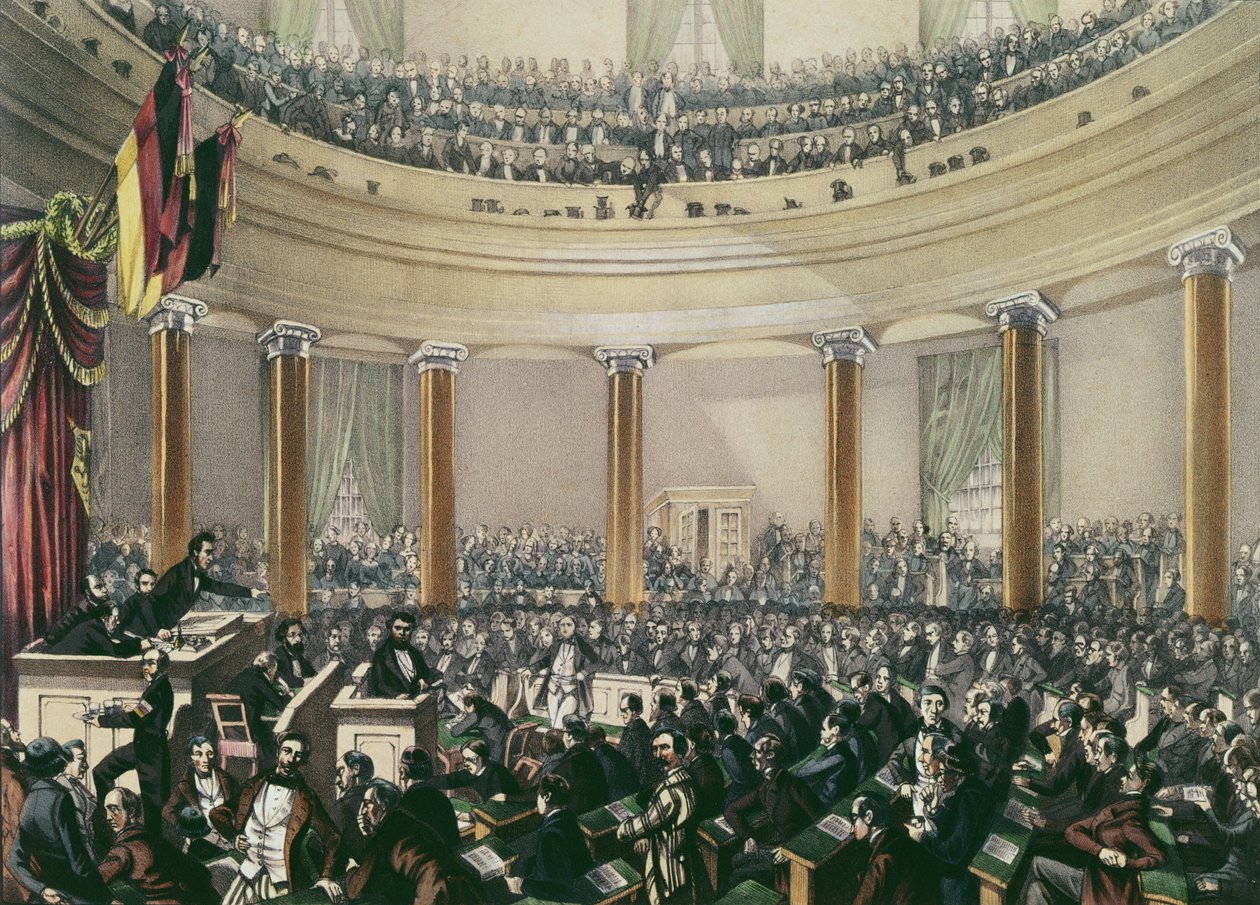 Zgromadzenie Narodowe w kościele św. Pawła we Frankfurcie zwołane w maju 1848 r. (litografia kolorowa) autorstwa E.G. May