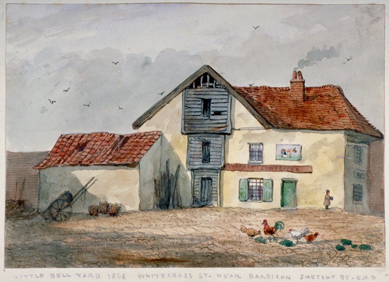 Widok na Little Bell Yard, Whitecross Street, z kurczakami na pierwszym planie, Londyn, 1868 r. autorstwa EH Davies
