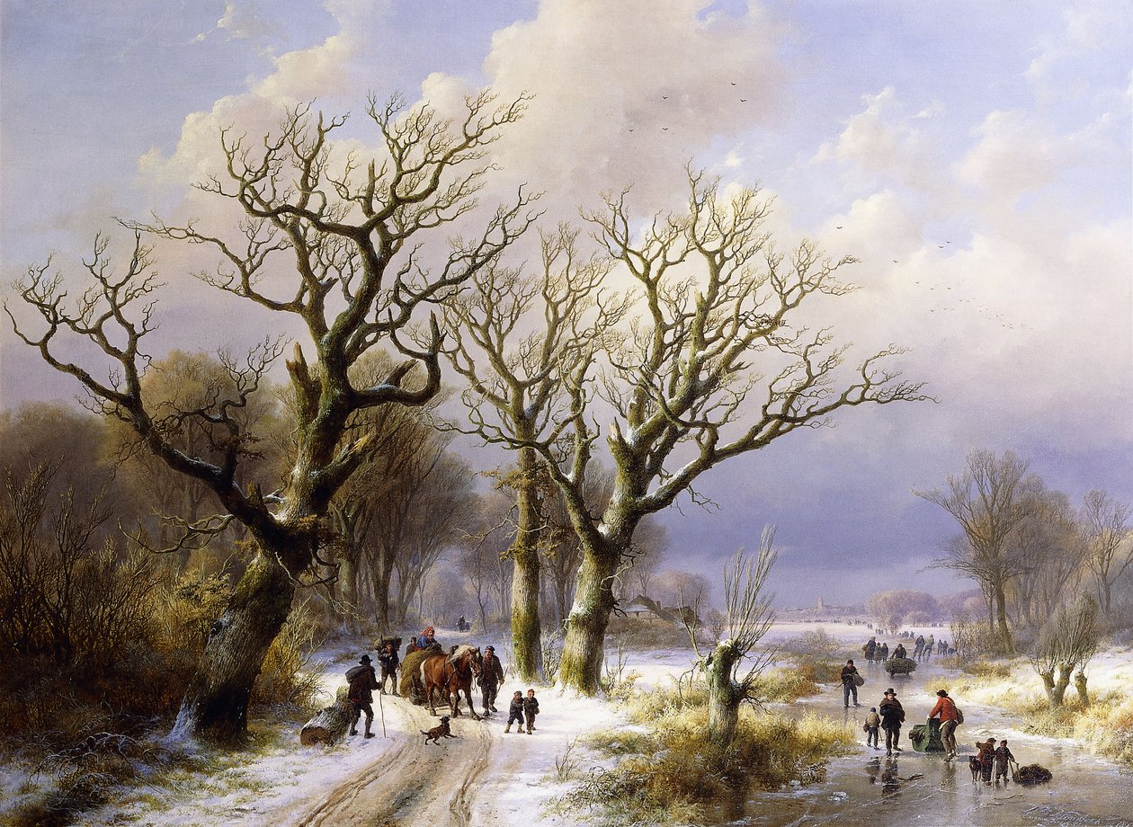Zalesiony zimowy krajobraz z postaciami, 1863 autorstwa E.J. Verboeckhoven
