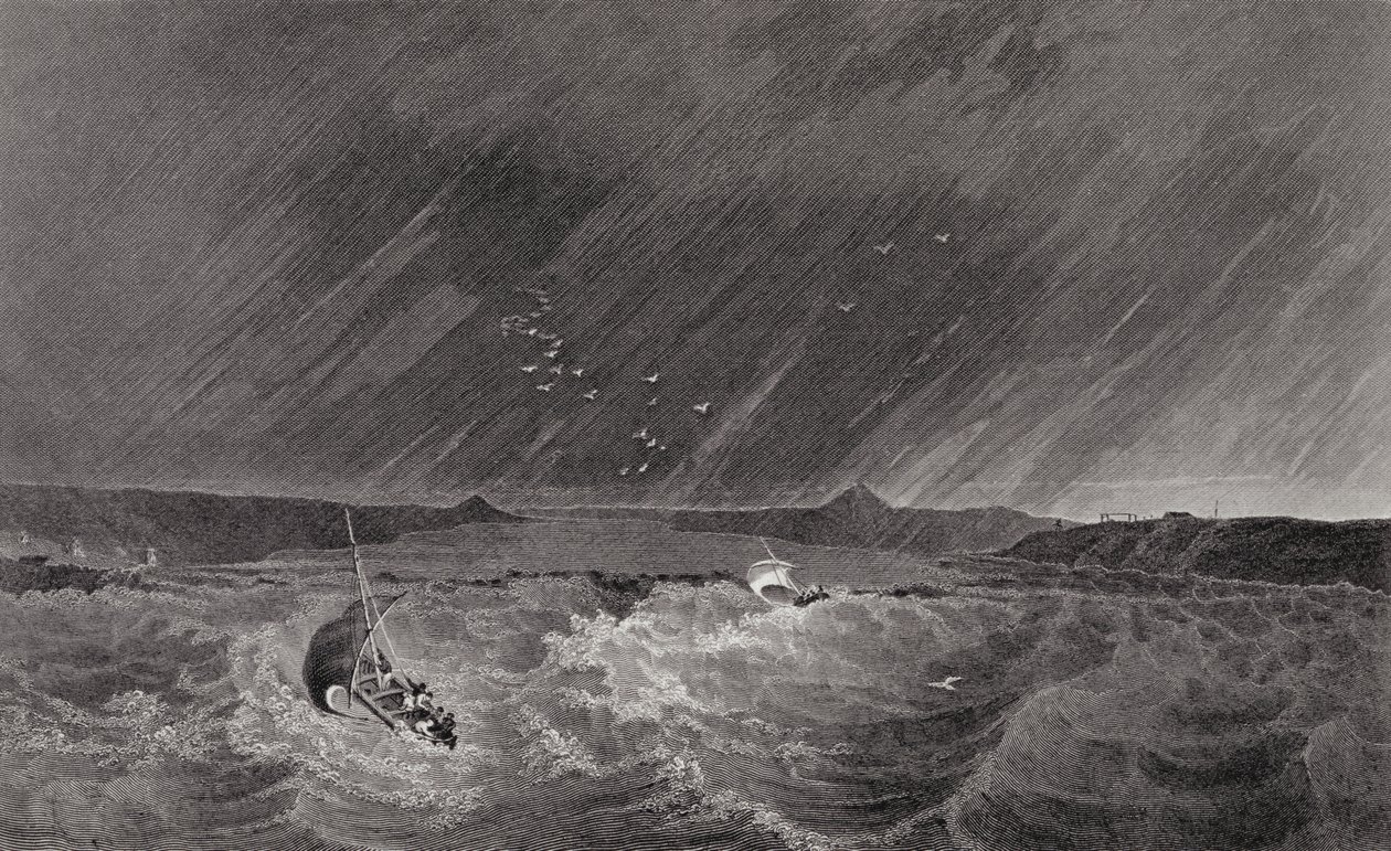 Łodzie płynące w poszukiwaniu schronienia przed burzą do zatoczki schronienia, noc 7 lipca 1926, z „Narracji o drugiej wyprawie na brzeg Morza Polarnego w latach 1825-27” autorstwa sir Johna Franklina (1786-18 autorstwa E.N. Kendall