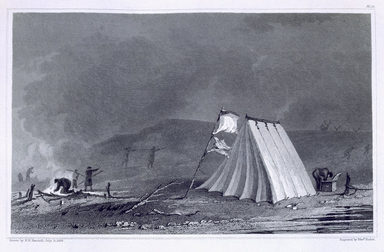 Obozowisko w Browell Cove, 15 lipca 1826, z „Narracji o drugiej wyprawie na wybrzeża Morza Polarnego w latach 1825-27” autorstwa sir Johna Franklina (1786-1847) rytego przez Edwarda Findena (1791- autorstwa E.N. Kendall