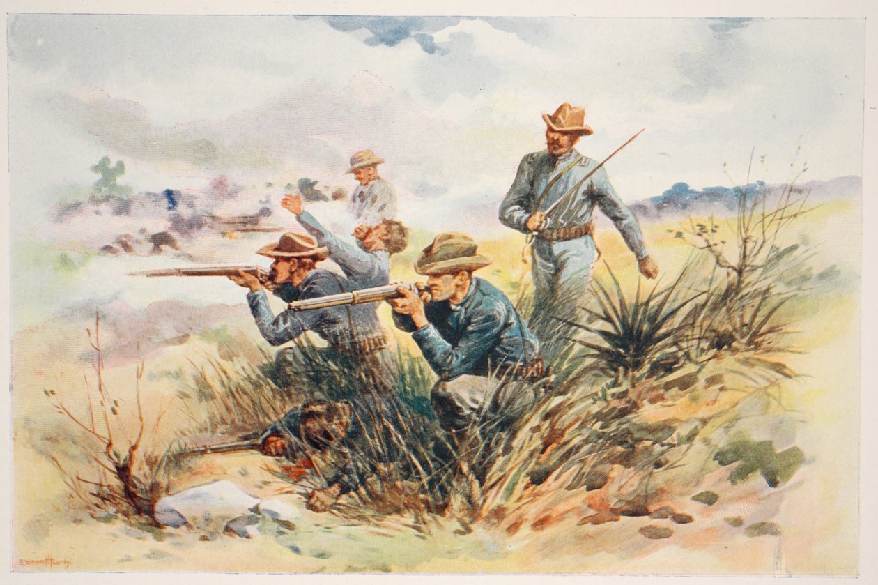 Marines w Guantanamo, ilustracja z „Bitwy XIX wieku”, tom. V: Kampanie lat dziewięćdziesiątych — A. Hilliard Atteridge autorstwa E.S. Hardy